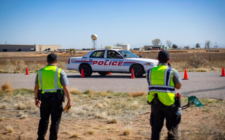 Students in CNM's Law Enforcement Academy Program practice emergency vehicle driving skills during class at the APD driving track in Albuquerque, NM